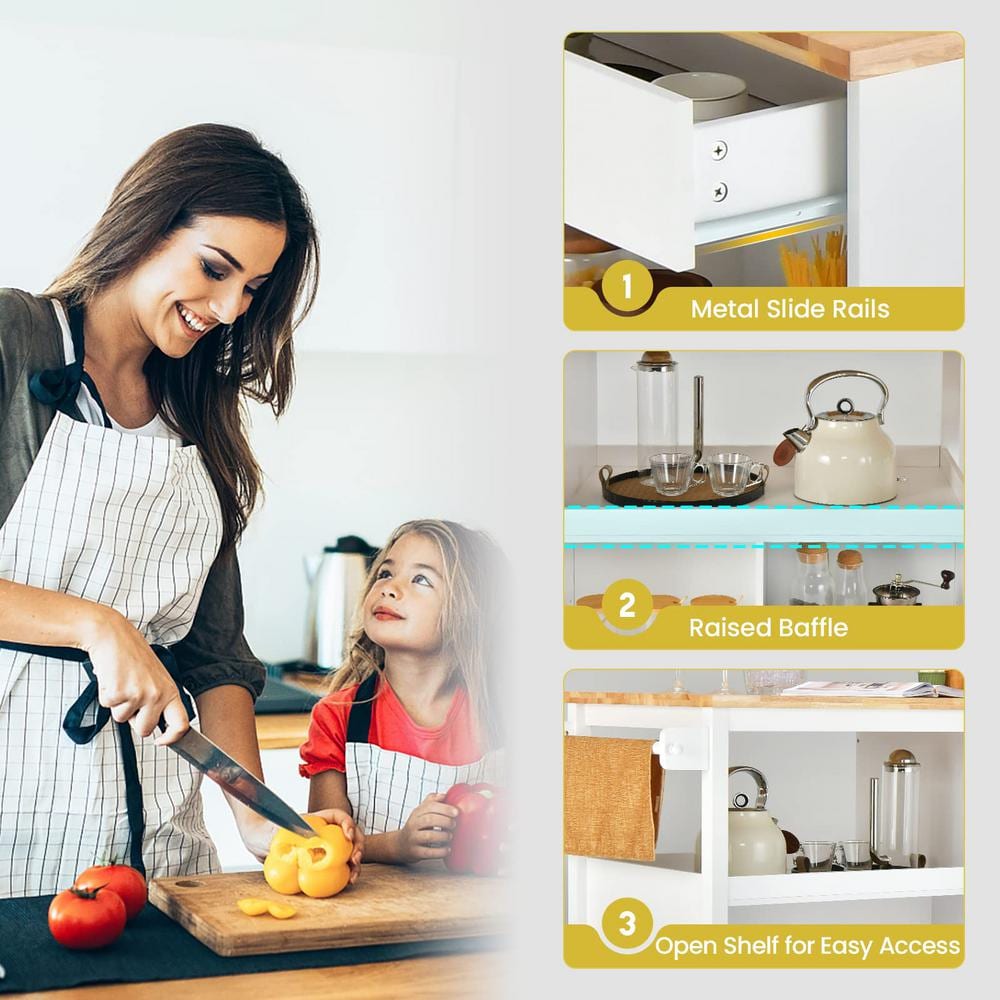 White Kitchen Cart with Rubber Wood Countertop and Storage Shelves