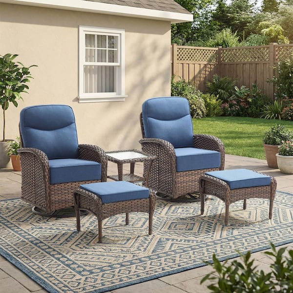 Rivieral 5-Piece Brown Wicker Swivel Glider Outdoor Rocking Chair with Ottomans, Side Table and 6 Inch Blue Cushions