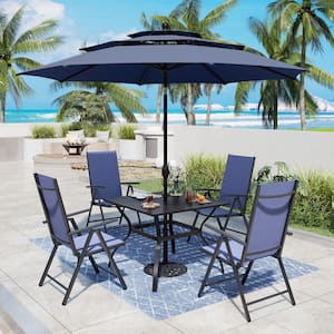 Black 6-Piece Metal Patio Outdoor Dining Set with Blue Folding Reclining Sling Chairs and Navy Blue Umbrella