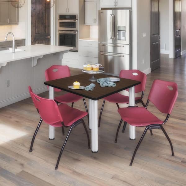 Kee 42 in. Neo Walnut Square Breakroom Table Desk and 4 'M' Stack Chairs-Burgundy