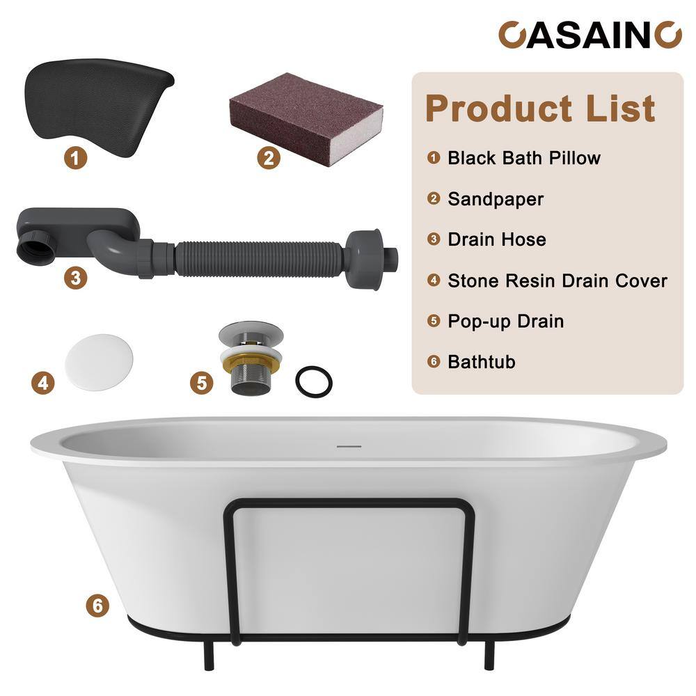 Matte White 67" Freestanding Soaking Bathtub with Black Pillow
