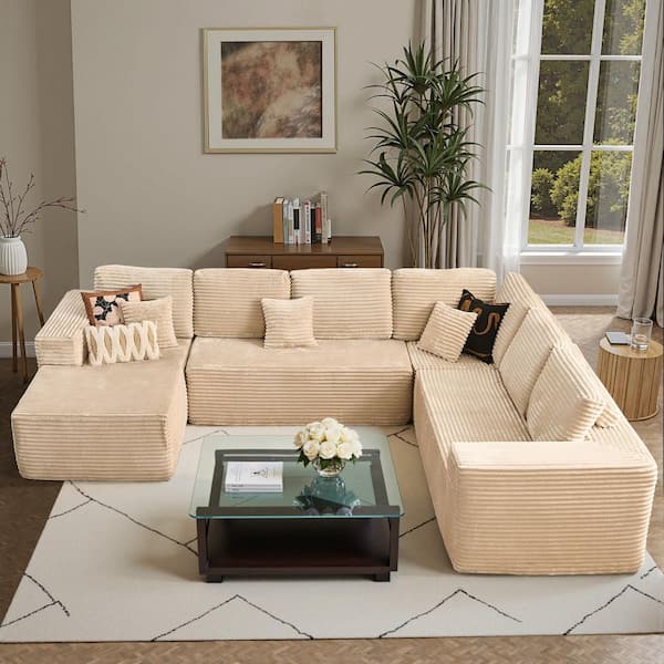 VJ 135 in. Wide Arm 4-Piece Modern Plush Corduroy U-Shape Modular Sectional Sofa in Beige with Left Chaise