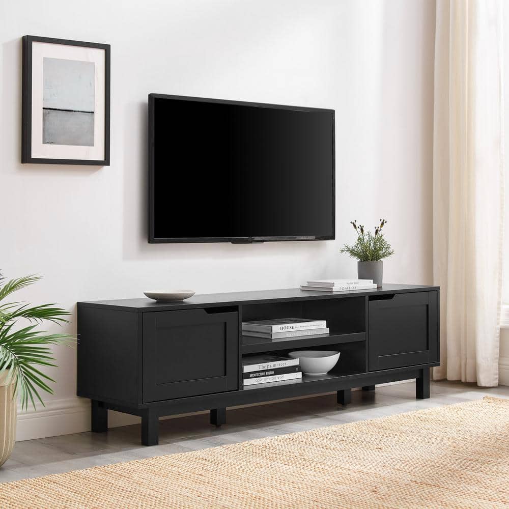 58" Solid Black Wood TV Stand with Cabinet for TVs up to 65 inches