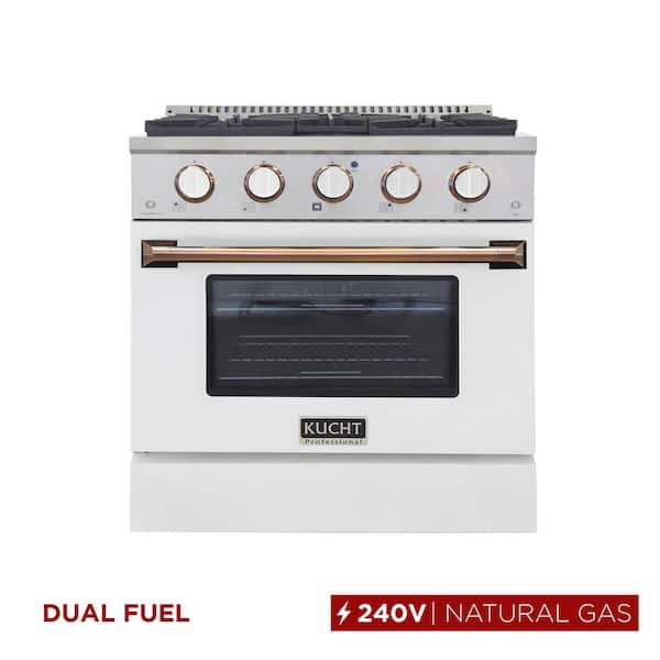 30 in. 4.2 cu. ft. Dual Fuel Range with Gas Stove and Electric Oven with Convection Oven in White and Gold