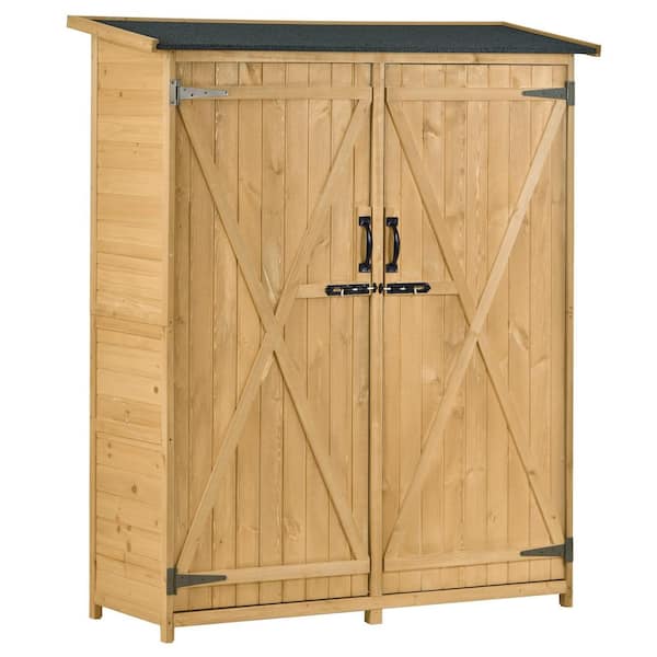 Zeus & Ruta 4.6 ft. W x 1.7 ft. D Brown Outdoor Wood Storage Shed with Lockable Doors, 3-Tier Shelves for Backyard, 7.6 sq. ft.