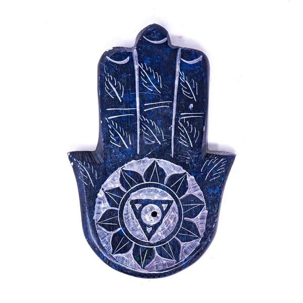 Global Crafts Third Eye Chakra Hamsa Hand Incense Holder and Om Stick Incense, Dark Blue