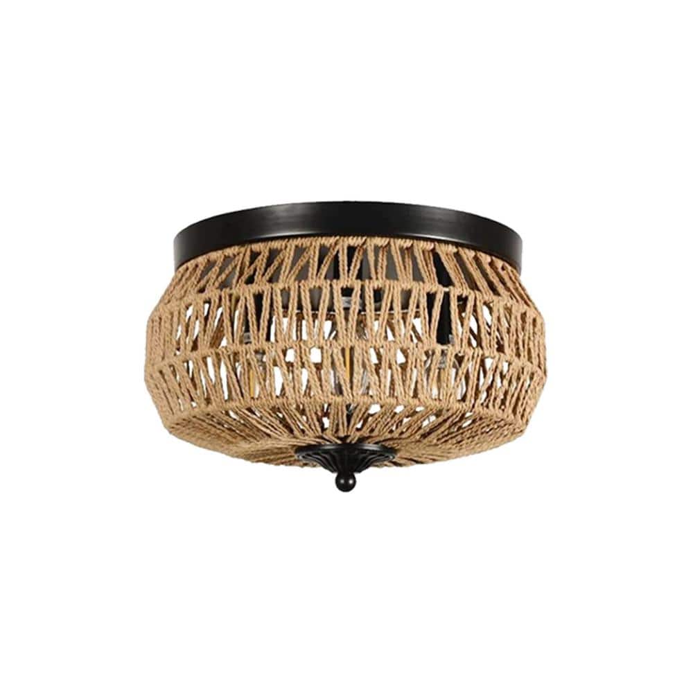 12.6 in. 3-Lights Brown Rattan Flush Mount Light with No Bulbs Included