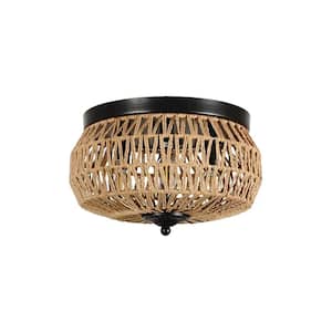 12.6 in. 3-Lights Brown Rattan Flush Mount Light with No Bulbs Included