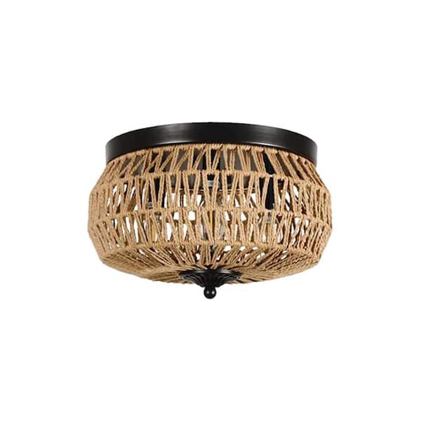 Amucolo 12.6 in. 3-Lights Brown Rattan Flush Mount Light with No Bulbs Included