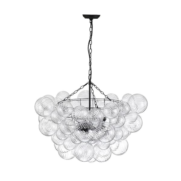 HUOKU Neuvy 8-Light 33 in. W Black Chandelier with Swirled-Glass Orb Cluster Bubble Ribbed Glass Chandelier for Living Room