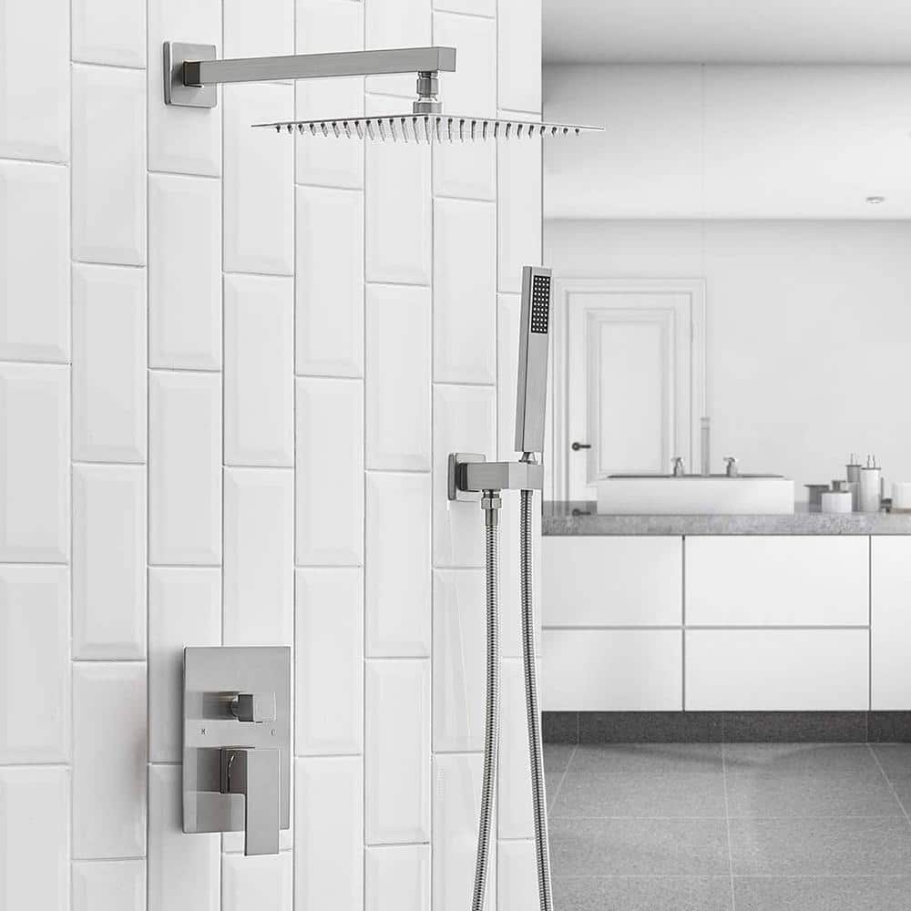 12-Inch Brushed Nickel Square Rain Shower System with Handheld