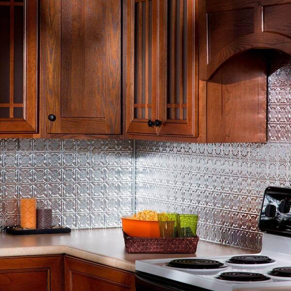 Fasade 18.25 in. x 24.25 in. Brushed Aluminum Traditional Style # 6 PVC Decorative Backsplash Panel