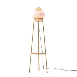 Hikari 57.88 in. Wood Grain 1-Light Tripod Floor Lamp for Living Room, Bedroom with Shelf Woven Bamboo Plus Silk Shade