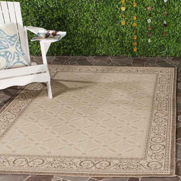 Courtyard Natural/Brown 9 ft. x 12 ft. Border Indoor/Outdoor Patio  Area Rug