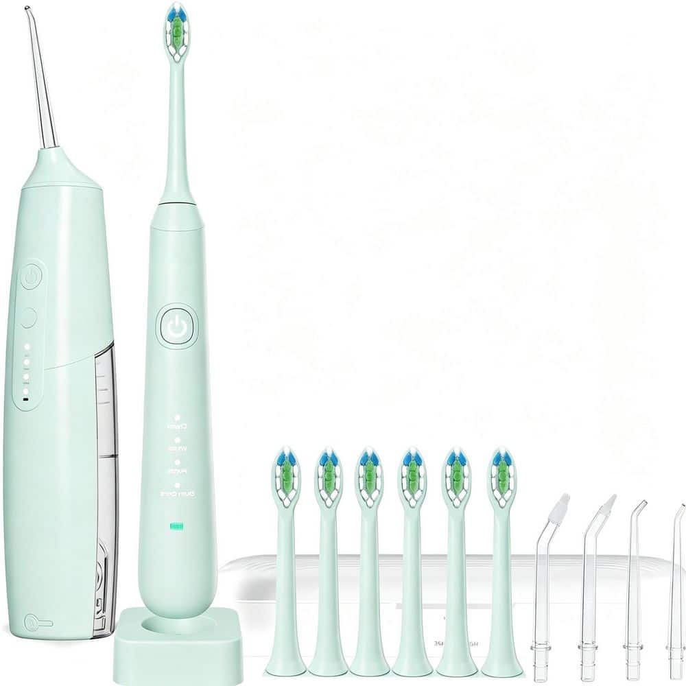 1-Piece Bathroom Accessory Set in Light Green, 2-1 Oral Clean Kit, Water Dental Flosser and Electric Toothbrush Combo