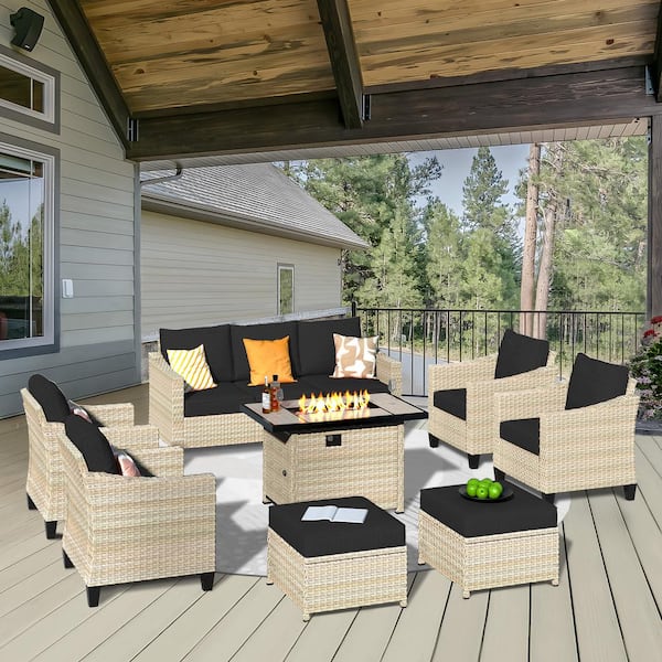 HOOOWOOO Oconee Beige 8-Piece Modern Outdoor Patio Conversation Sofa Set with a Rectangle Fire Pit and Black Cushions