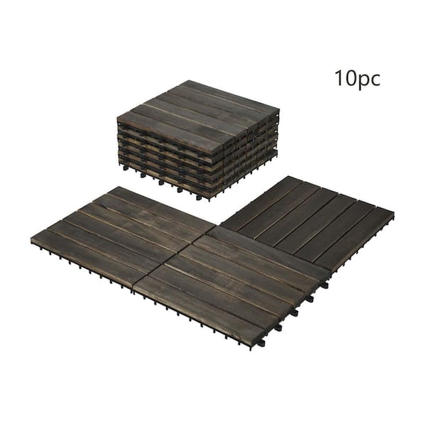 1 ft. x 1 ft. Outdoor Striped Square Wood Interlocking Flooring Deck Tiles in Dark Brown (Pack of 10 Tiles)