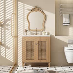 30 in. W Single Sink Bath Vanity in Brown with White Resin Top, Bathroom Storage Cabinet with Hidden Drawer