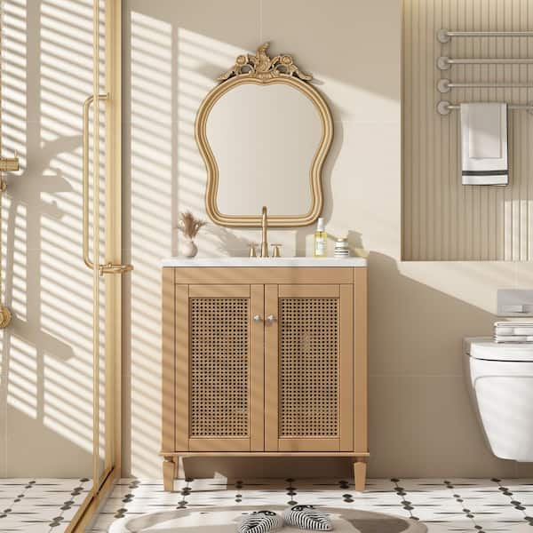 30 in. W Single Sink Bath Vanity in Brown with White Resin Top, Bathroom Storage Cabinet with Hidden Drawer