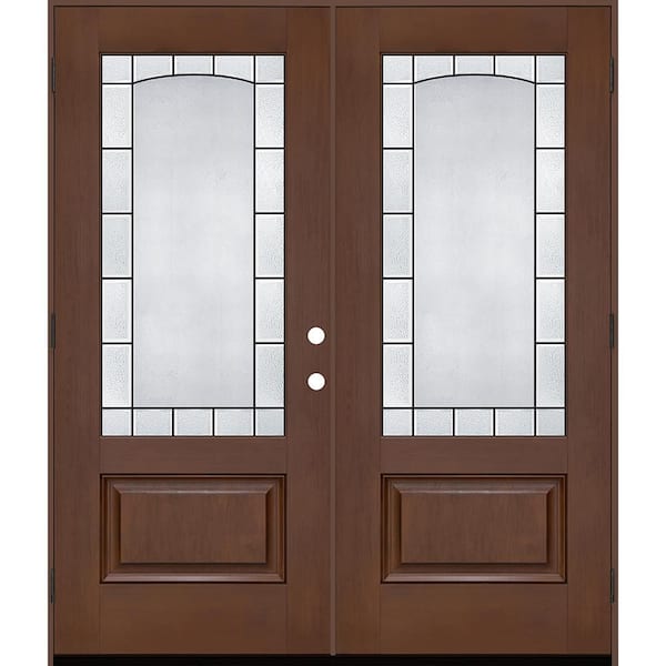 Regency 72 in. x 80 in. 3/4L Empire Decorative Glass RHOS Chestnut Fiberglass Double Prehung Front Door with 4-9/16Jamb