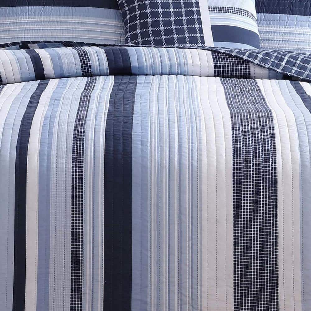 Nautical Blue and White Striped Twin Quilt Set with Decorative Pillow