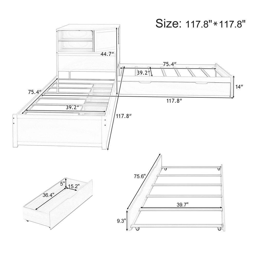 Natural (Yellow) Wood Frame Twin L-shaped Platform Bed with Trundle and Drawers Linked with Built-in Desk and LED - thumbnail 3