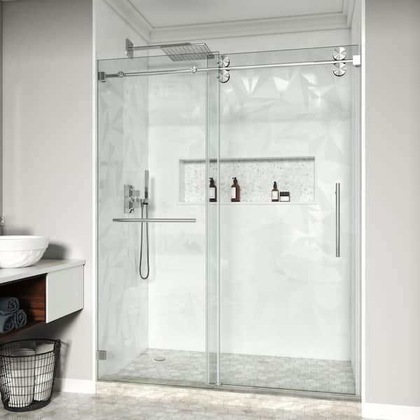 MOHALEN 66-72.5 in. W x 76 in. H Single Sliding Frameless Shower Door in Brushed Nickel with 3/8 in. Clear Tempered Glass