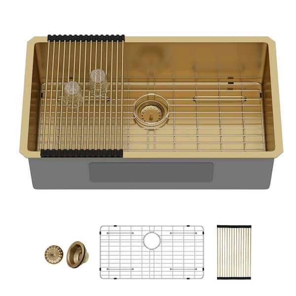 32 in. Undermount Single Bowl 16-Gauge Gold Stainless Steel Kitchen Sink with Bottom Grid & Strainer