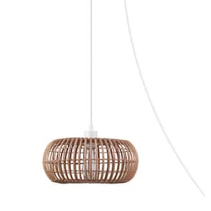 1-Light White Plug-In or Hardwired Shaded Pendant Lighting with Rattan Shade