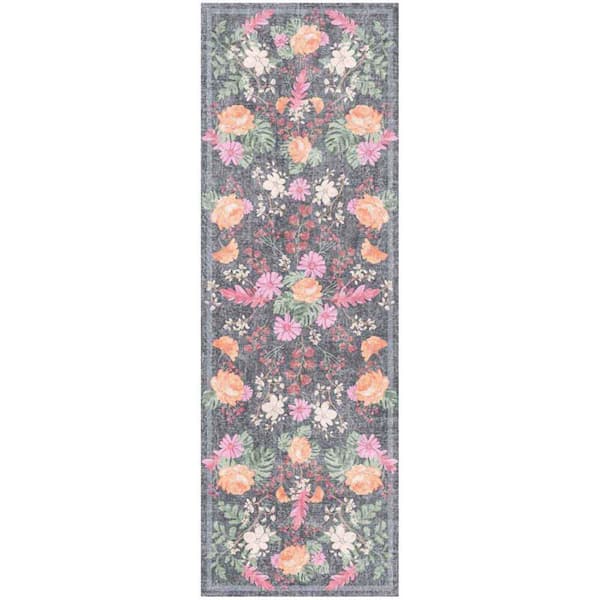 Botanical Washables 2 ft. x 6 ft. Charcoal Multicolor Floral Contemporary Runner Area Rug
