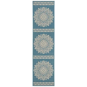 Beach House Cream/Blue 2 ft. x 8 ft. Medallion Indoor/Outdoor Patio  Runner Rug