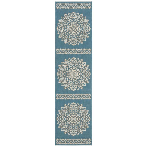 SAFAVIEH Beach House Cream/Blue 2 ft. x 8 ft. Medallion Indoor/Outdoor Patio  Runner Rug