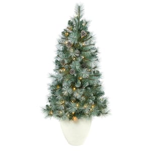 4 ft. Frosted Pre-Lit Pine Artificial Christmas Tree with 100 Clear Lights, Pine Cones and 228 Bendable Branches Planter