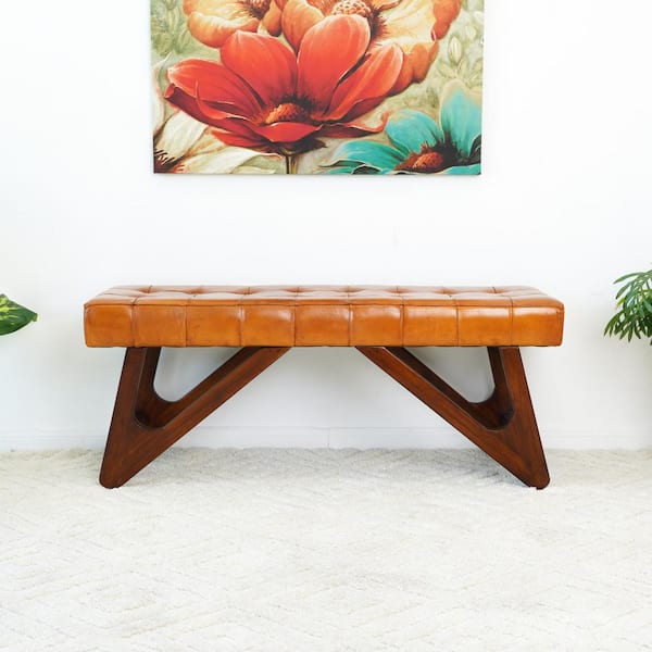 Ashcroft Furniture Co Murphy Tan Brown Leather Teak Wood 47 in. Entryway Bedroom Bench