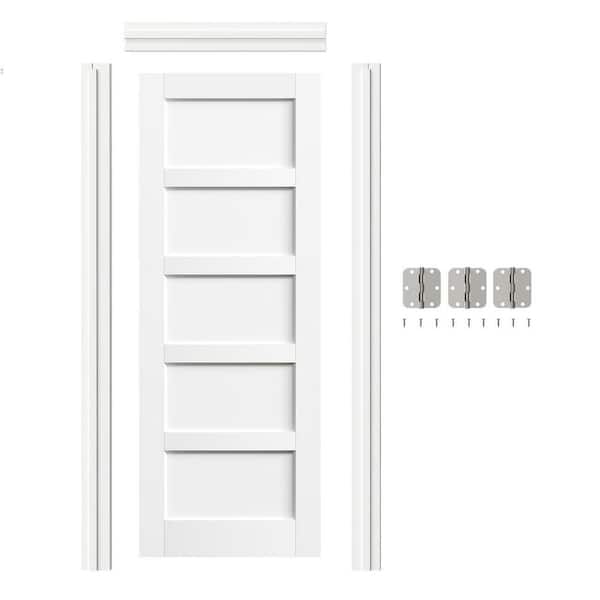 32 in. x 80 in. 5-Panel, White Primed, Solid Wood & MDF Prehung Interior Door Left-Handed with Door Jamb and Hardware