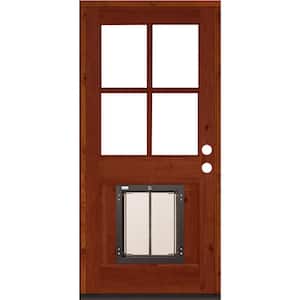 36 in. x 80 in. Left-Hand 4 Lite Clear Glass Red Chestnut Stained Wood Prehung Door with Large Dog Door