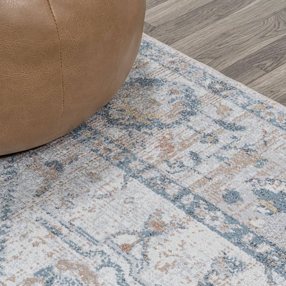 Light Gray and Blue Low-Pile Machine-Washable Rectangular Rug