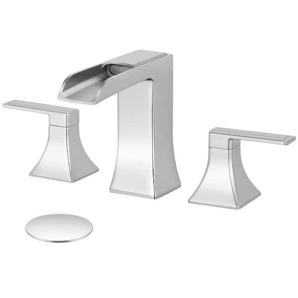 AKLFGN 8 in. Widespread Double-Handle Waterfall Bathroom Faucet with Pop-Up Drain in Polish Chrome