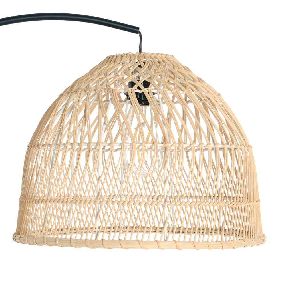 78" Black Metal Arc Floor Lamp with Marble Base and Rattan Shade
