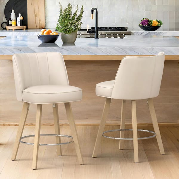 Paul 26 in. Ivory White Modern Faux Leather 360° Swivel High Back Barstool Upholstered Solid Wood Counter Height Stool