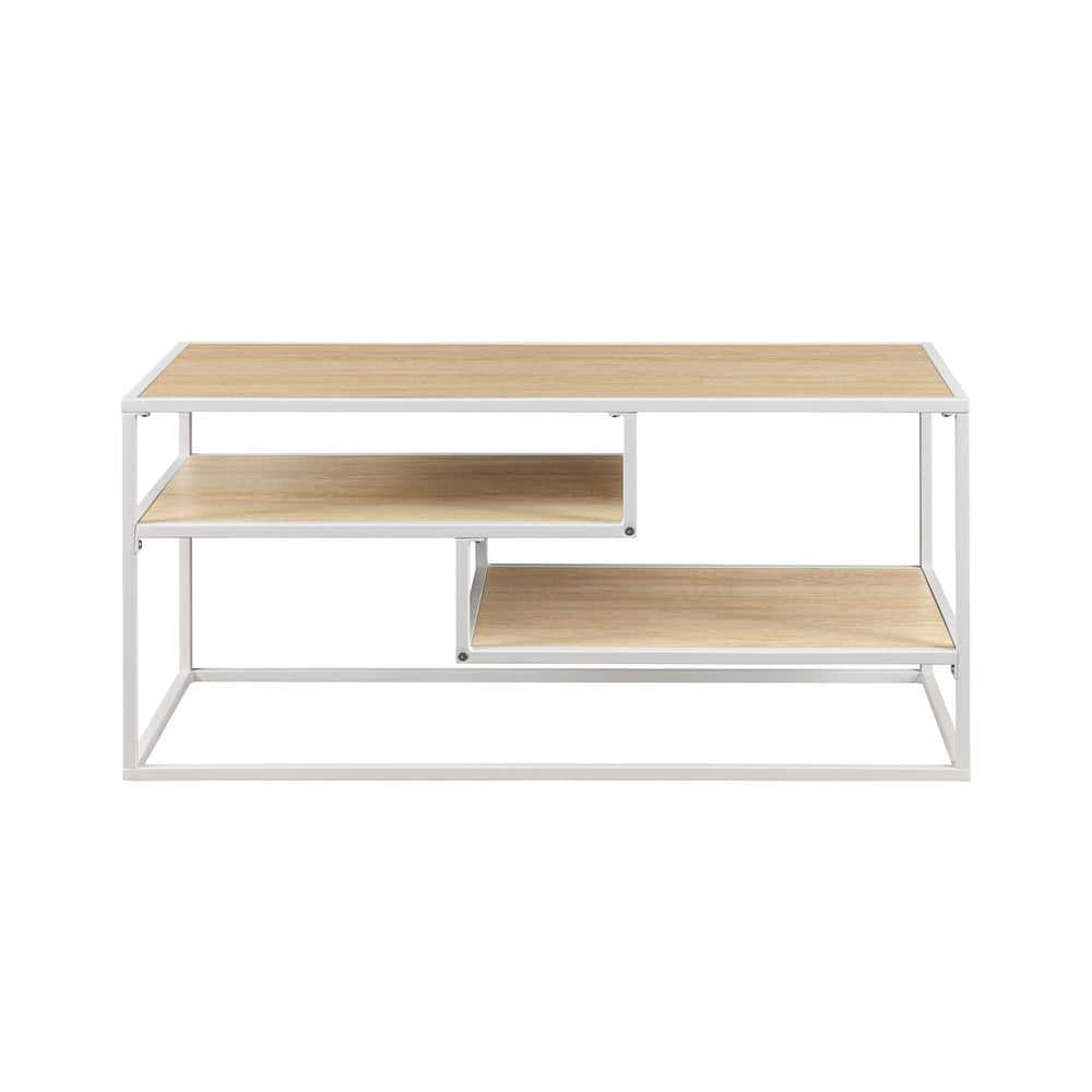 40 in. Coastal Oak Wood and White Metal Modern Open-Storage TV Stand for TVs up 43 in -  Welwick Designs, HD9980