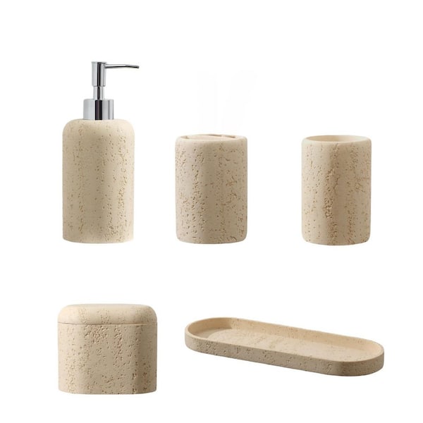 5-Piece Bath Accessory Set with Soap Dispenser Mouthwash Cup Toothbrush Holder Qtip Holder Vanity Tray in Yellow