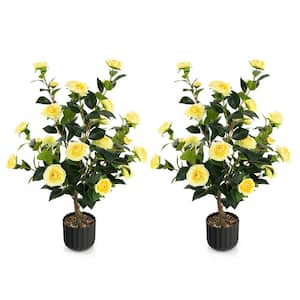 3 ft. Yellow Artificial Camellia Tree Bonsai Faux Flower Plant in Cement Pot 2 Pack