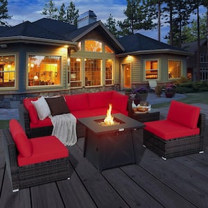 7-Pieces Rattan Patio Sectional Furniture Set w/30 in. Fire Pit Table and Red Cushion