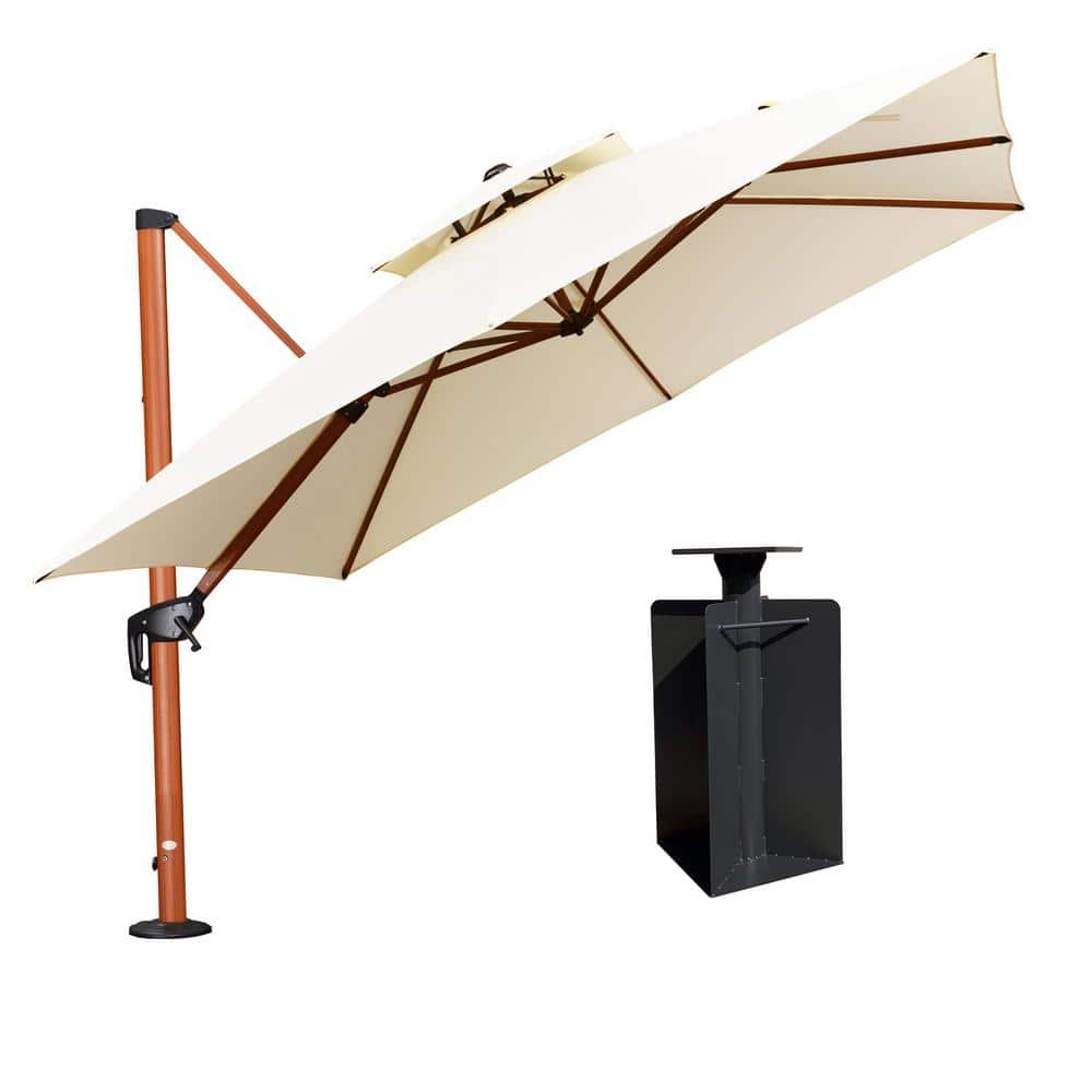 10 ft. Square High-Quality Wood Pattern Aluminum Cantilever Polyester Patio Umbrella with Base in Ground, Cream