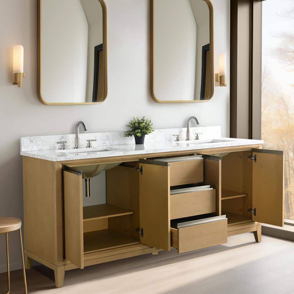 72" Natural Oak Double Sink Bathroom Vanity with Marble Top