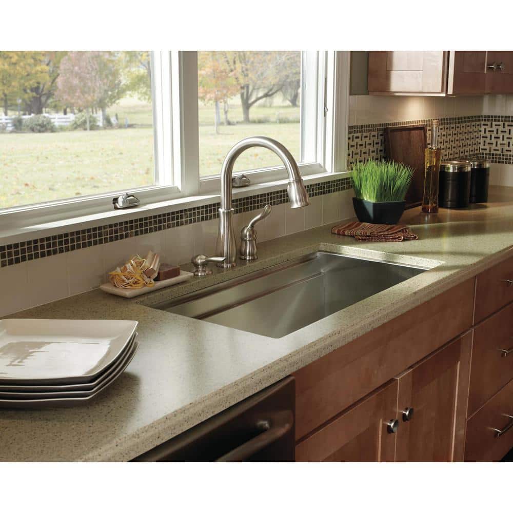 Leland Brushed Stainless Steel Pull-Down Kitchen Faucet with Soap Dispenser