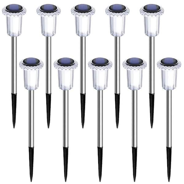 10-Pack Solar Powered Outdoor Pathway Lights Cold White LED, Stainless Steel, Waterproof - Outdoor Garden amd Yard Decor