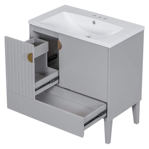 cadeninc 30 in. W x 18 in. D x 33.1 in. H Gray Freestanding Bathroom Vanity with Single Sink and White Ceramic Top Door Drawers