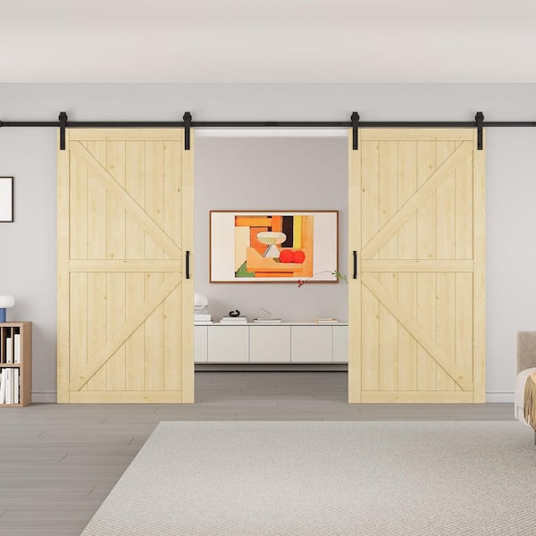 EH PUERTA 84 in. x 84 in. Paneled K-Shape Soft Close Solid Pine Wood Unfished Barn Door Slab with Installation Hardware Kit